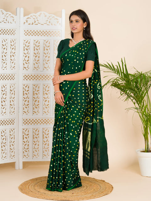 KcPc Gaji Silk Bandhani Ekdana Handmade Bandhej Saree with Lagdi Patta Pallu  Bottle Green