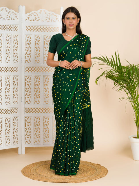 KcPc Gaji Silk Bandhani Ekdana Handmade Bandhej Saree with Lagdi Patta Pallu  Bottle Green