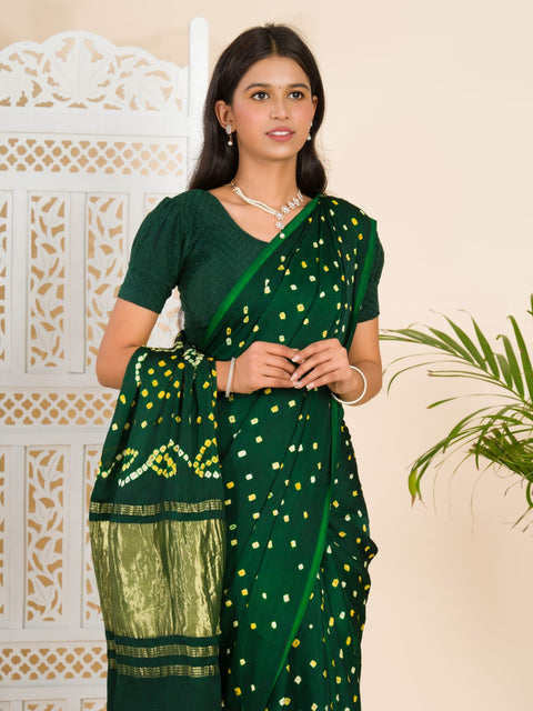 KcPc Gaji Silk Bandhani Ekdana Handmade Bandhej Saree with Lagdi Patta Pallu  Bottle Green