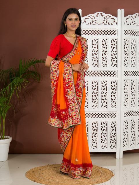 KcPc Rajasthani Traditional Pure Georgette Chunari Pila Saree