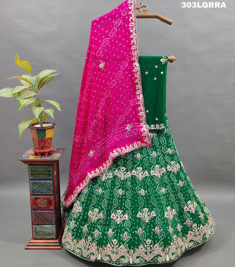 KcPc Latest Pure Rai Bandhej Zardozi Gotapatti Work Lehenga Green Rani  Satis
