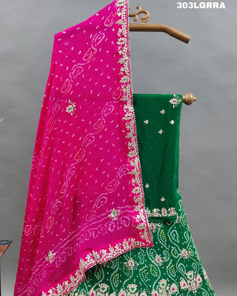 KcPc Latest Pure Rai Bandhej Zardozi Gotapatti Work Lehenga Green Rani  Satis