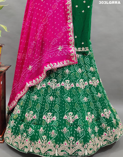 KcPc Latest Pure Rai Bandhej Zardozi Gotapatti Work Lehenga Green Rani  Satis