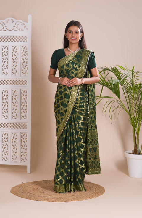 KcPc New Gharchola Banarasi Silk Fabric With Heavy Zari Work Saree KML BottleGreen