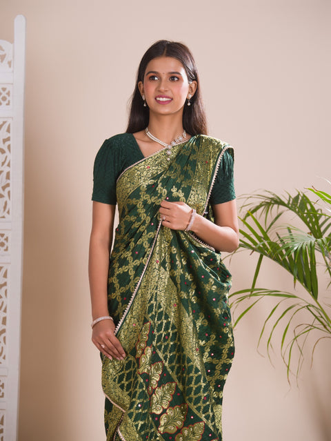 KcPc New Gharchola Banarasi Silk Fabric With Heavy Zari Work Saree KML BottleGreen