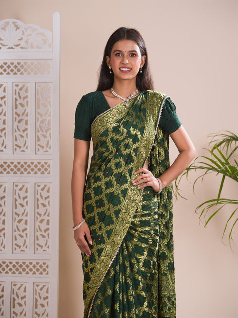KcPc New Gharchola Banarasi Silk Fabric With Heavy Zari Work Saree KML BottleGreen