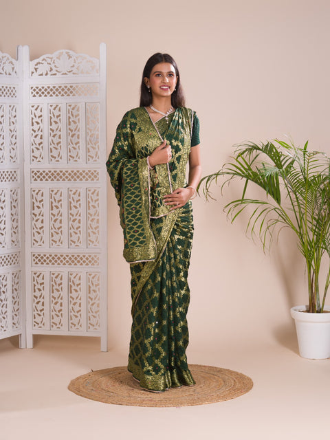KcPc New Gharchola Banarasi Silk Fabric With Heavy Zari Work Saree KML BottleGreen