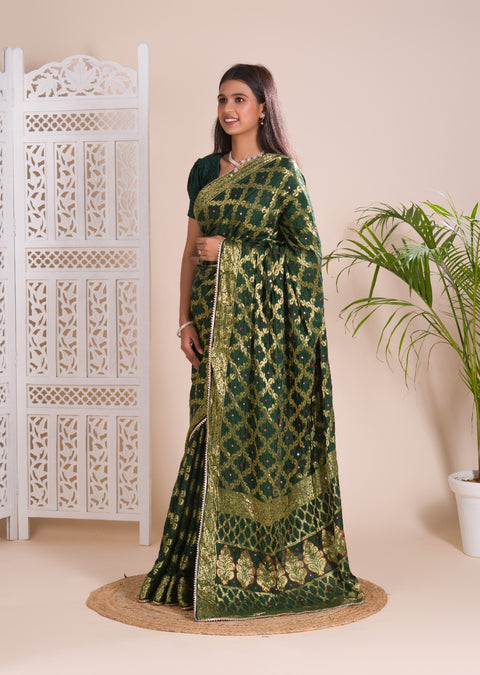 KcPc New Gharchola Banarasi Silk Fabric With Heavy Zari Work Saree KML BottleGreen