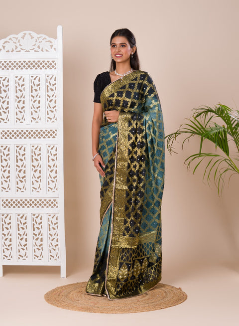 KcPc New Gharchola Banarasi Silk With Heavy Zari Work Saree KML Grey Black
