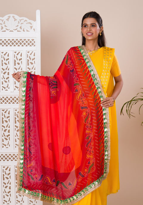KcPc Pure Georgette Bandhani pila Gotapatti Border Dupatta