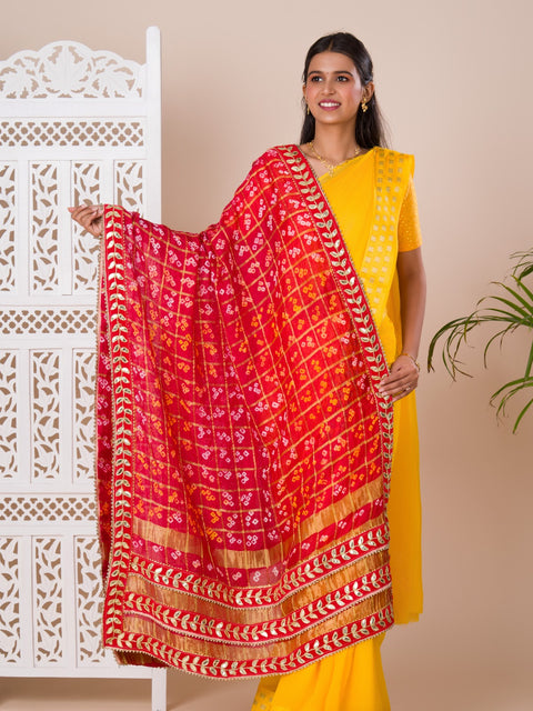 KcPc Ghatchola Art Silk Bandhej Gotapatti Dupatta  Red