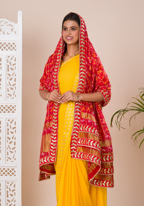 KcPc Ghatchola Art Silk Bandhej Gotapatti Dupatta  Red