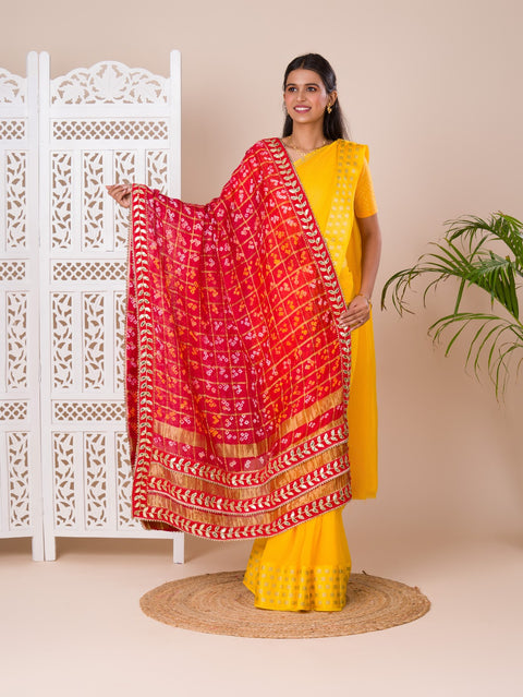 KcPc Ghatchola Art Silk Bandhej Gotapatti Dupatta  Red