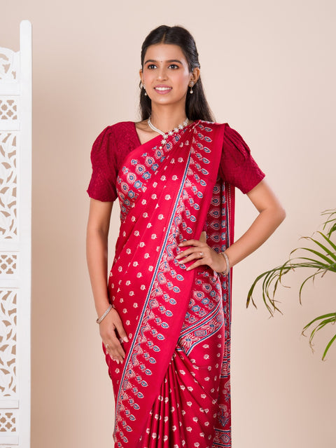 KcPc New Modal Silk Ajrakh Print Pallu Bandhani Saree SRD