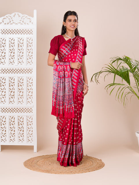 KcPc New Modal Silk Ajrakh Print Pallu Bandhani Saree SRD