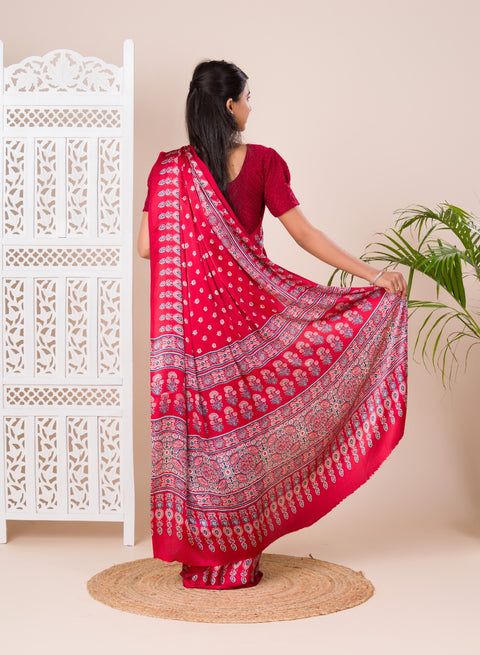 KcPc New Modal Silk Ajrakh Print Pallu Bandhani Saree SRD