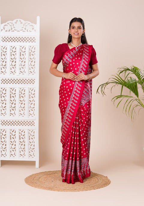 KcPc New Modal Silk Ajrakh Print Pallu Bandhani Saree SRD