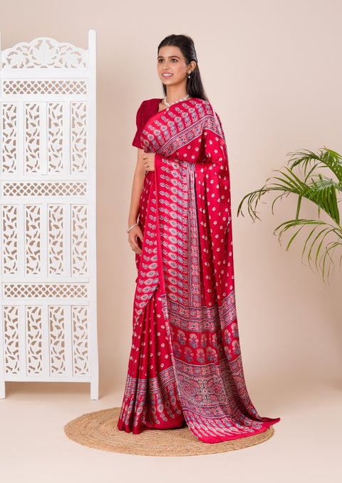 KcPc New Modal Silk Ajrakh Print Pallu Bandhani Saree SRD