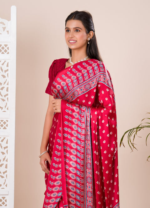 KcPc New Modal Silk Ajrakh Print Pallu Bandhani Saree SRD
