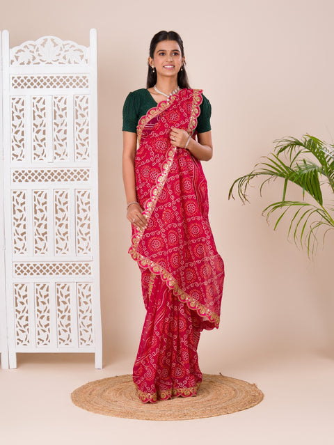 KcPc Pure Georgette Marwadi Chunri Bandhej Gotapatti Work Saree Margenta