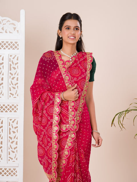 KcPc Pure Georgette Marwadi Chunri Bandhej Gotapatti Work Saree Margenta