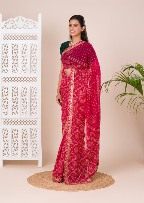 KcPc Pure Georgette Marwadi Chunri Bandhej Gotapatti Work Saree Margenta