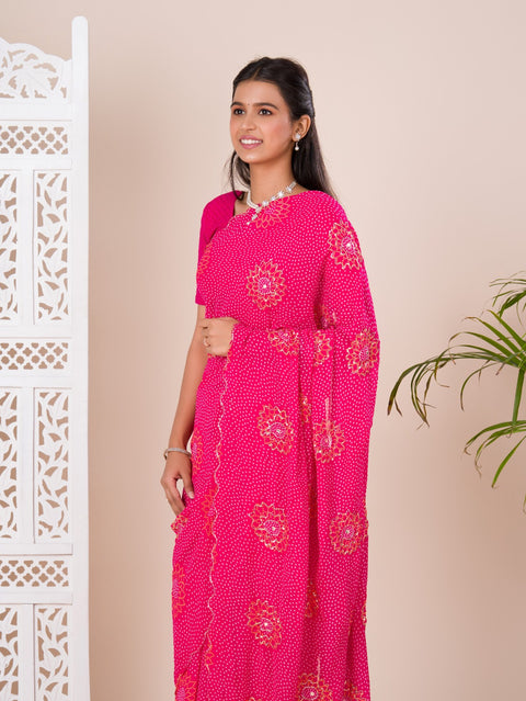 KcPc Beautiful  Bandhani Chiffon Aari Tari Work Saree SWA