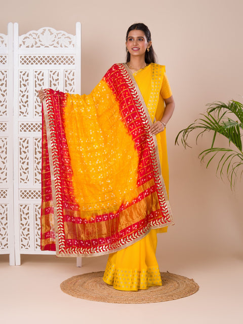 KcPc Rajasthani Traditional Bandhani Chunri Piliya Dupatta Gharchola Silk Pomcha