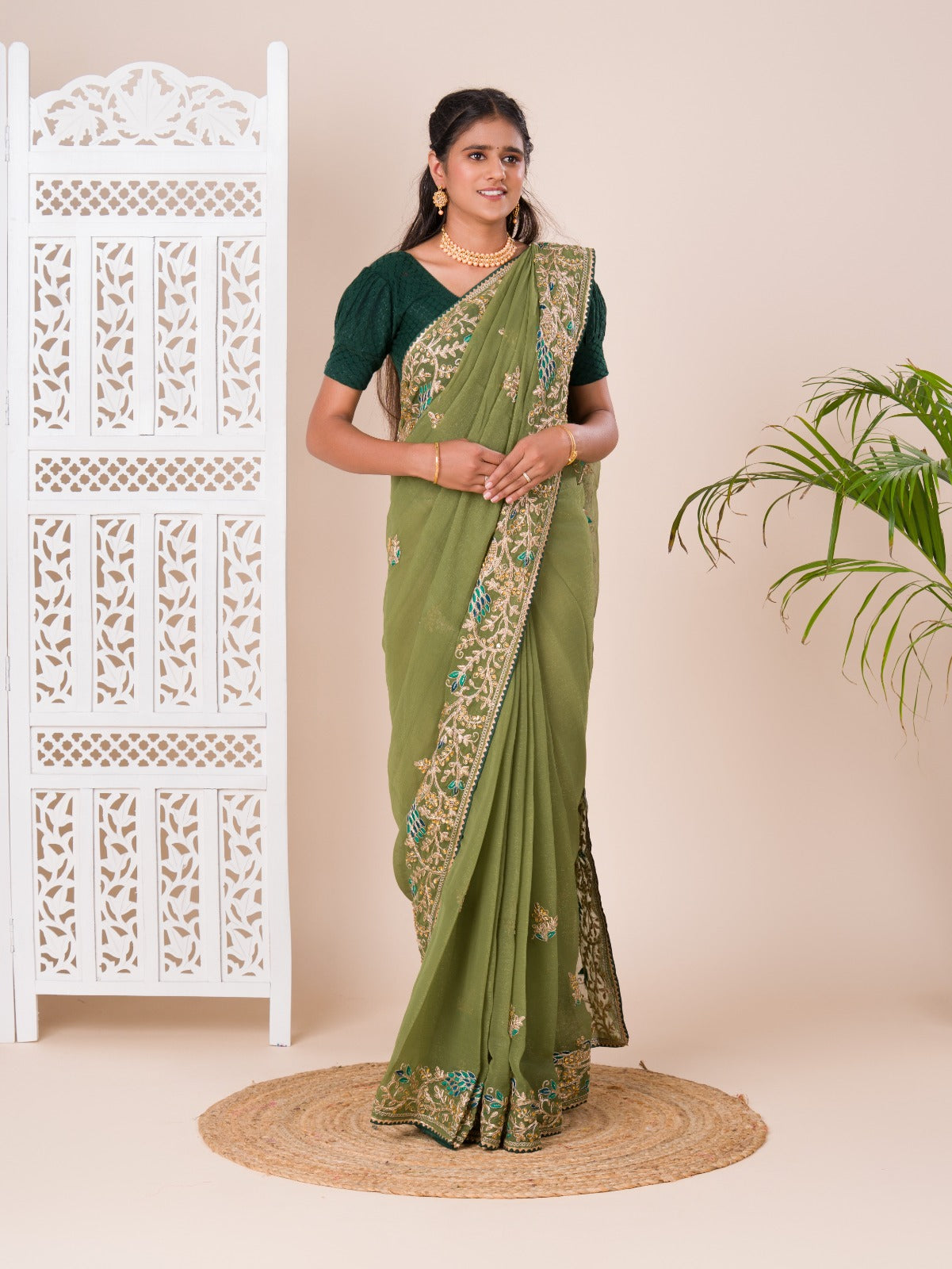 jaipuri style Tissue saree for wedding and mahandi occasion 