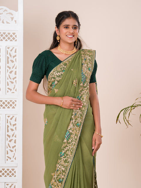 KcPc New Tissue Fabric With Handmade Coding Embroidery Zari Stone Work Saree  SAN