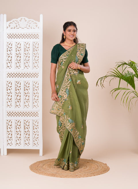KcPc New Tissue Fabric With Handmade Coding Embroidery Zari Stone Work Saree  SAN