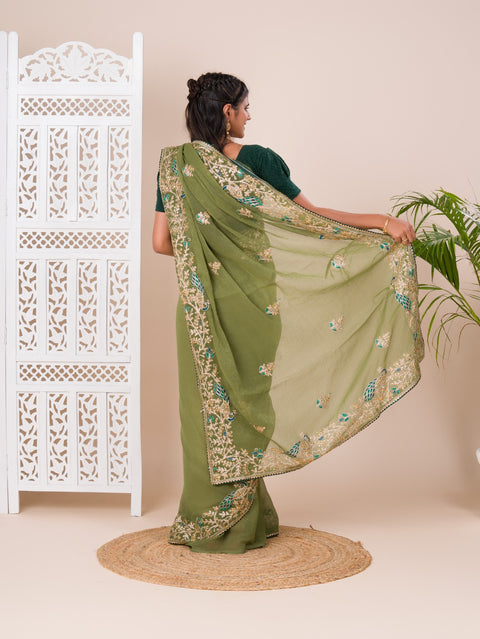 KcPc New Tissue Fabric With Handmade Coding Embroidery Zari Stone Work Saree  SAN