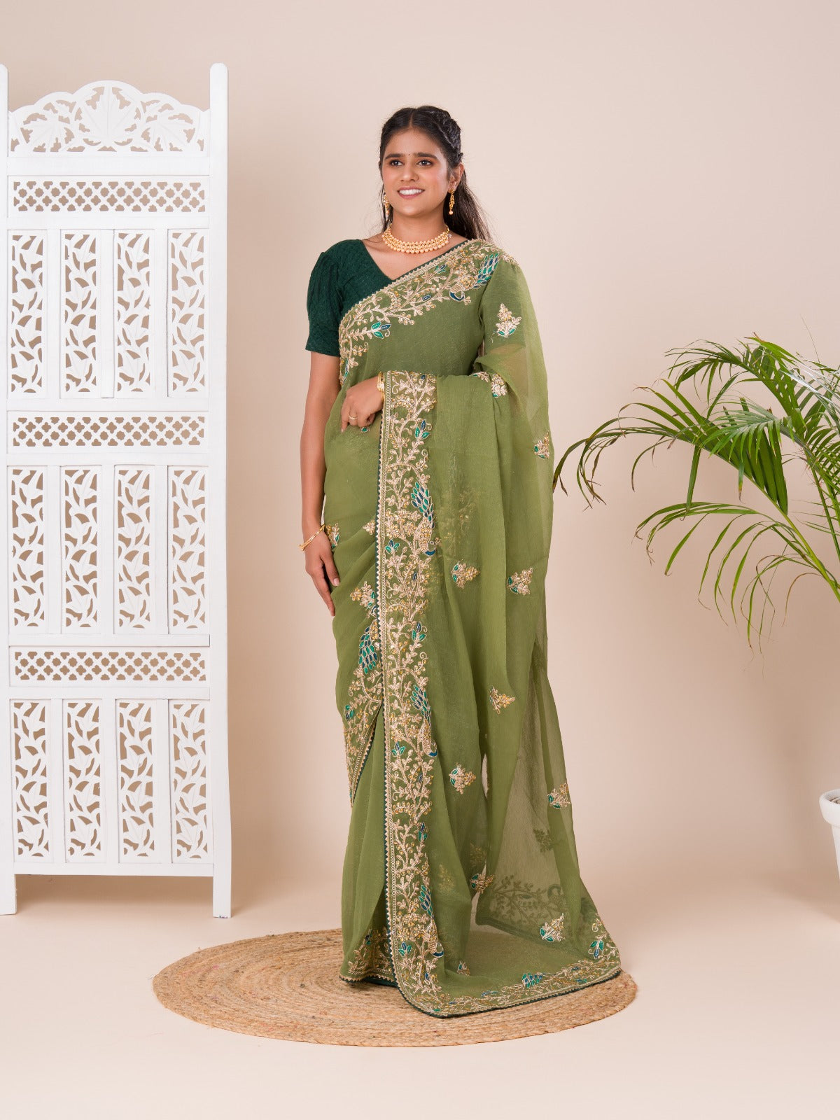 jaipuri style Tissue saree for wedding and mahandi occasion 