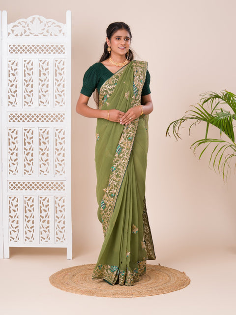 KcPc New Tissue Fabric With Handmade Coding Embroidery Zari Stone Work Saree  SAN