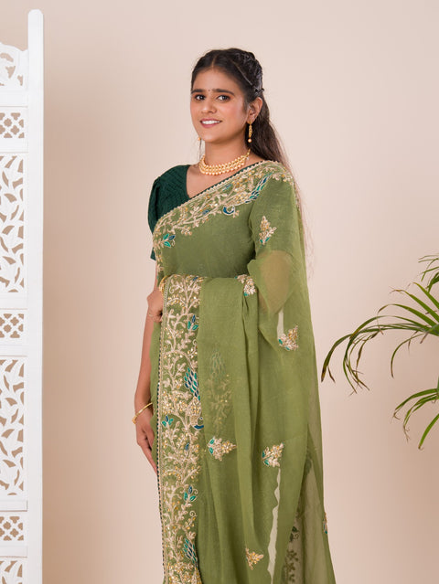 KcPc New Tissue Fabric With Handmade Coding Embroidery Zari Stone Work Saree  SAN