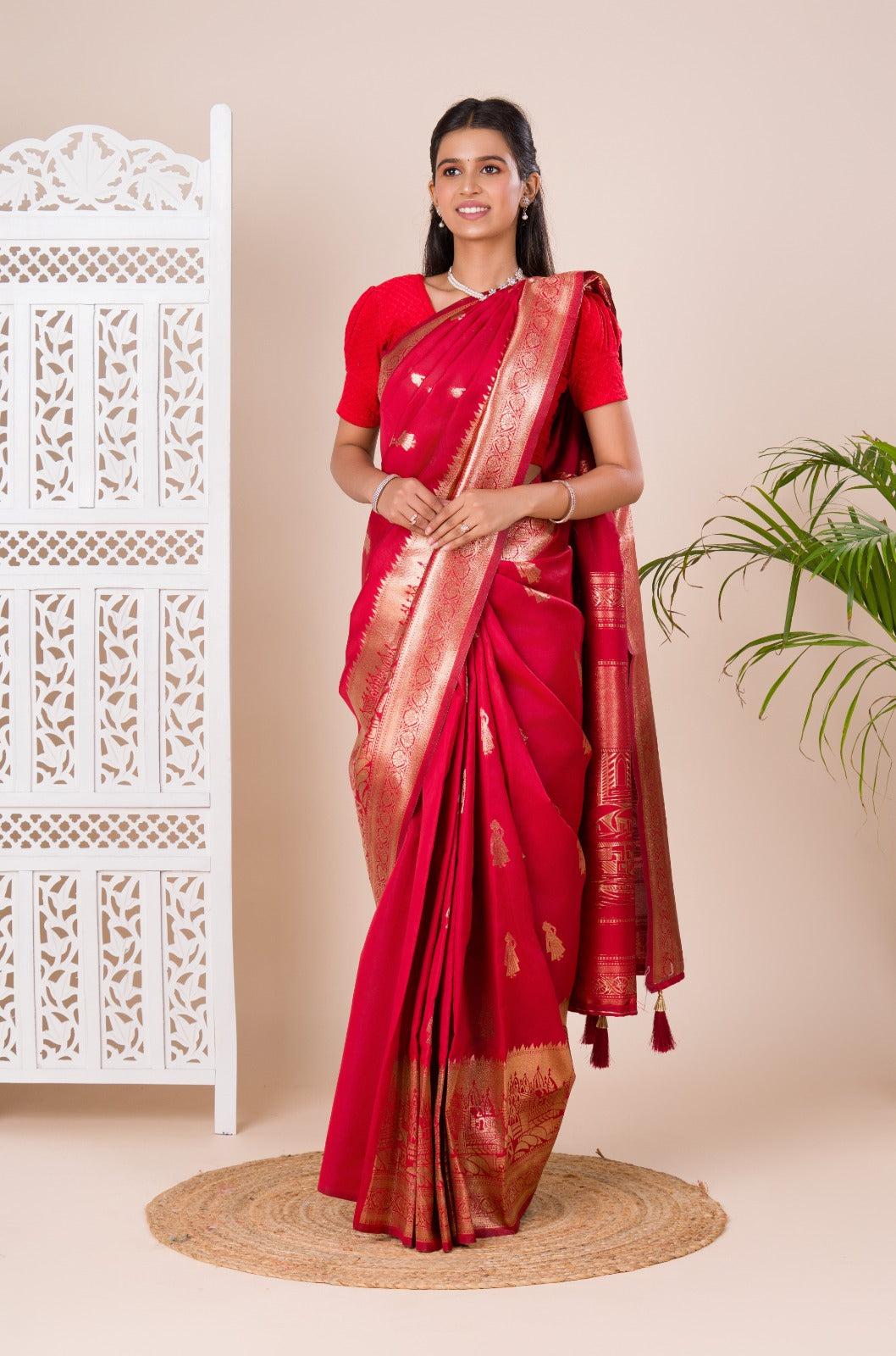 A red Dola Silk Kanjivaram style saree with Banarasi weaving work under 1000