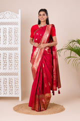 A red Dola Silk Kanjivaram style saree with Banarasi weaving work under 1000