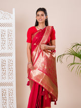A red Dola Silk Kanjivaram style saree with Banarasi weaving work under 1000