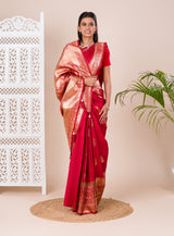 A red Dola Silk Kanjivaram style saree with Banarasi weaving work under 1000