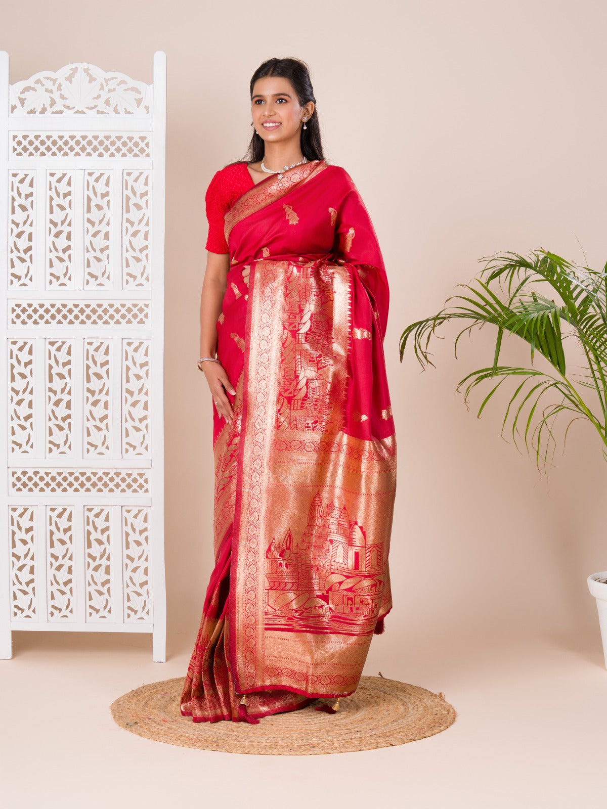A red Dola Silk Kanjivaram style saree with Banarasi weaving work under 1000