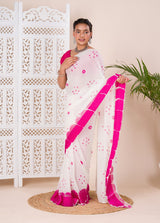 Georgette Gulti Bandhej Satin Patta Border Saree in white colour