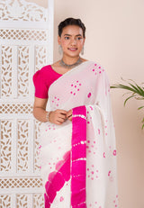 Georgette Gulti Bandhej Satin Patta Border Saree in white colour