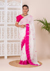 Georgette Gulti Bandhej Satin Patta Border Saree in white colour