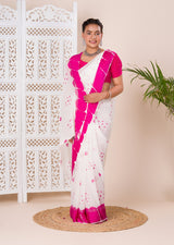 Georgette Gulti Bandhej Satin Patta Border Saree in white colour