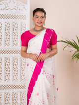 Georgette Gulti Bandhej Satin Patta Border Saree in white colour