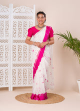 Georgette Gulti Bandhej Satin Patta Border Saree in white colour
