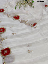 White chinon silk saree with red cutdana mirror work and white beads