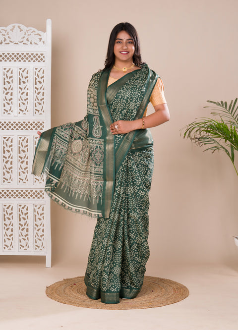 KcPc New beautiful  Cotton silk Ajrakh style With Ajrakh HandPrint Work Saree STL