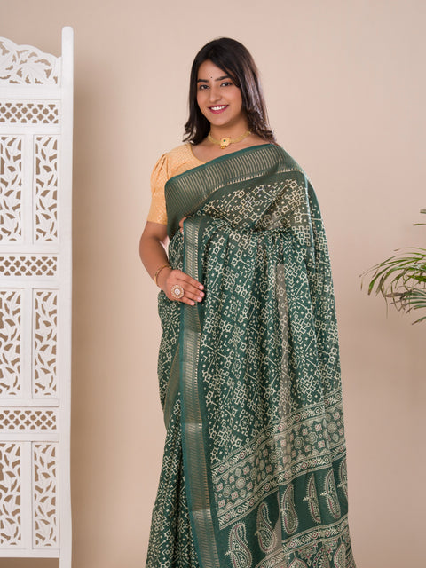 KcPc New beautiful  Cotton silk Ajrakh style With Ajrakh HandPrint Work Saree STL