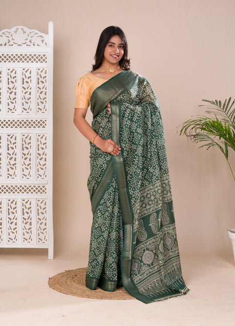 KcPc New beautiful  Cotton silk Ajrakh style With Ajrakh HandPrint Work Saree STL